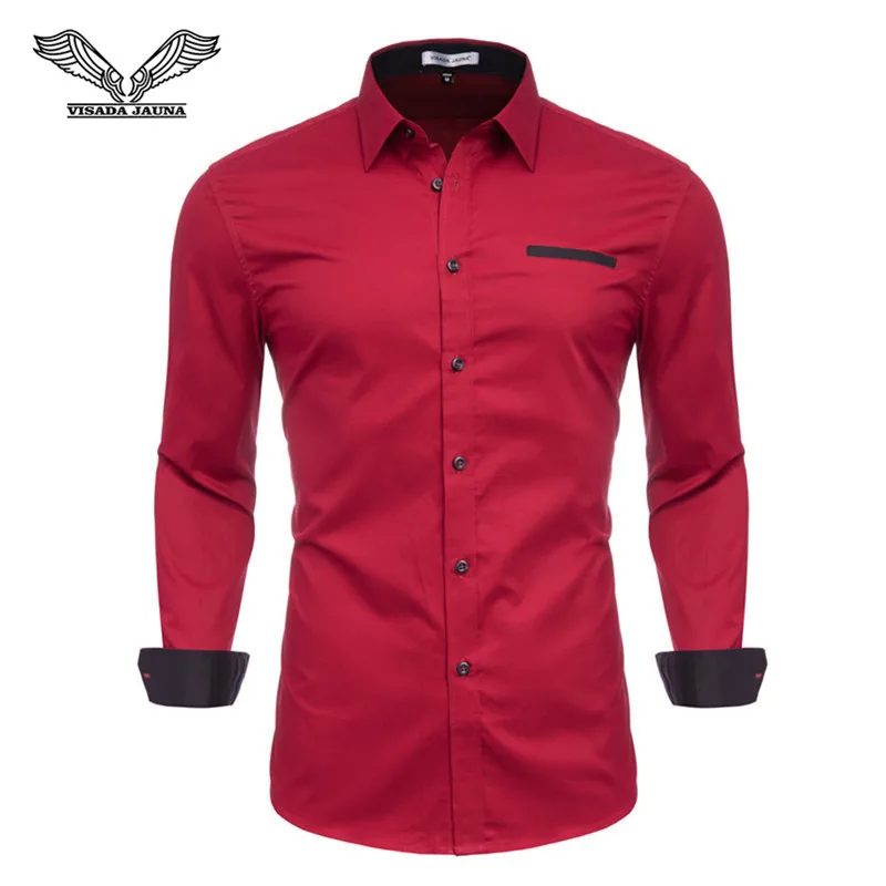 Fashion Men's Shirts Long Sleeve Slim Fit Men's Casual Shirts Formal Dress Shirts Men Clothes Turn-Down Collar N5045 - Color: Red 71