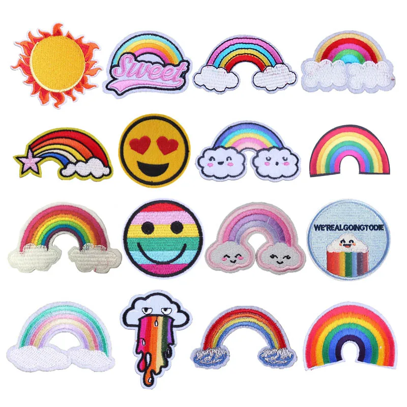 

Patches On Clothes Cartoon Rainbow Embroidery Patch Expression Stripes Stickers On Fabric Applications Back Decor Iron On Patch