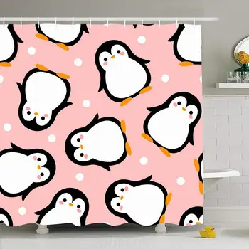 

Shower Curtain Set with Hooks 66x72 Cute Penguin Drawn White Pattern Watercolor New Character Seamless Animals Merry Wildlife