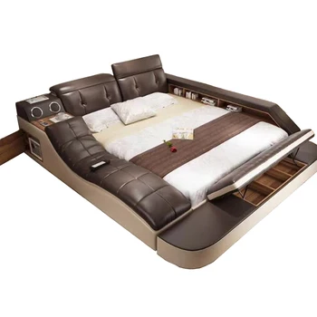 Cama de cuero auténtico con masaje, doble armazón de cama, tamaño king/queen, dormitorio