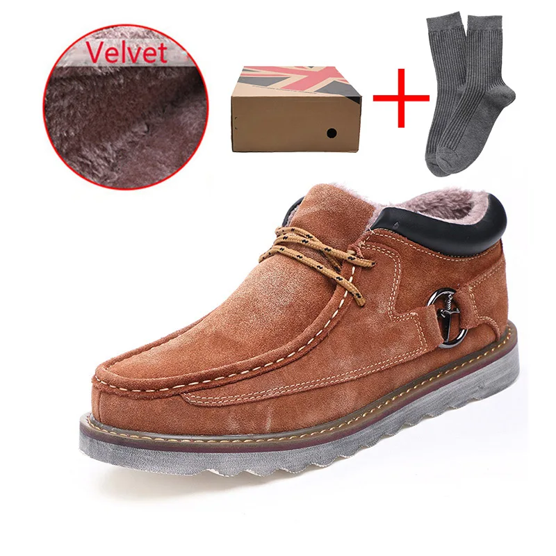 Velvet brown box Зимние ботинки мужские бархатные теплые рабочие ботинки натуральная кожа походная Зимняя мужская обувь уличные ботинки увеличивающие рост каблуки - Цвет: Velvet brown box