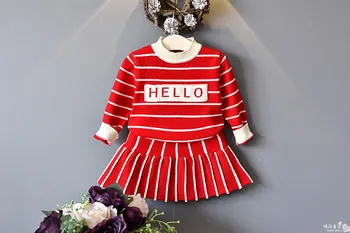 

2019 girls autumn and winter new fashion red letter stripe knit skirt set children's two-piece