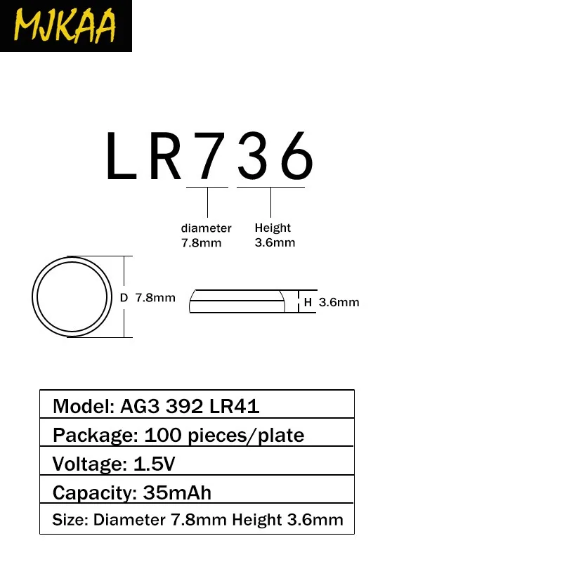 500 шт./лот LR41 AG3 SR41W 392 192 GP192A LR736 кнопочный аккумулятор батареи Сион для фонарей