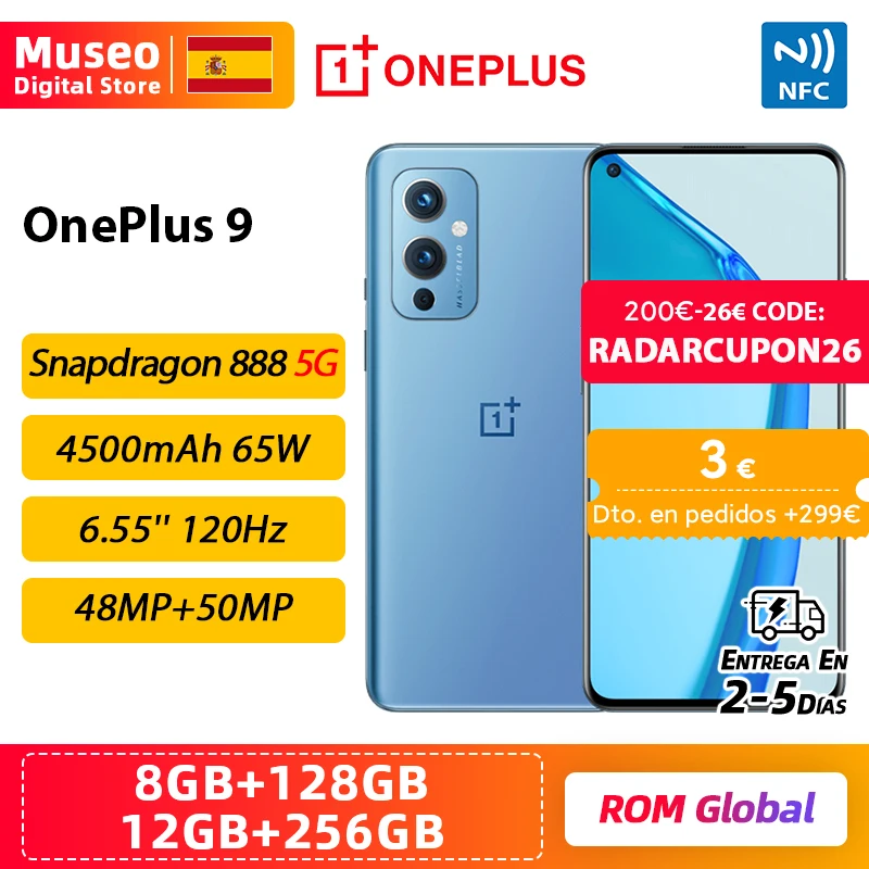 OnePlus 9, ROM global Oxygen OS, 8GB RAM 128GB ROM, teléfono móvil Snapdragon 888 5G, pantalla AMOLED fluida de 6,55 120Hz, triple cámara trasera de 50MP, carga Warp Charge 65T  4500mAh