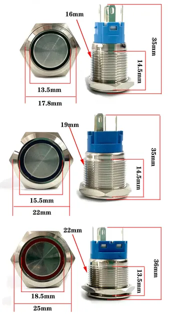 12/16/19/22mm Waterproof Metal Push Button Switch LED Light Momentary Latching Car Engine Power Switch 5V 12V 24V 220V Red Blue 6