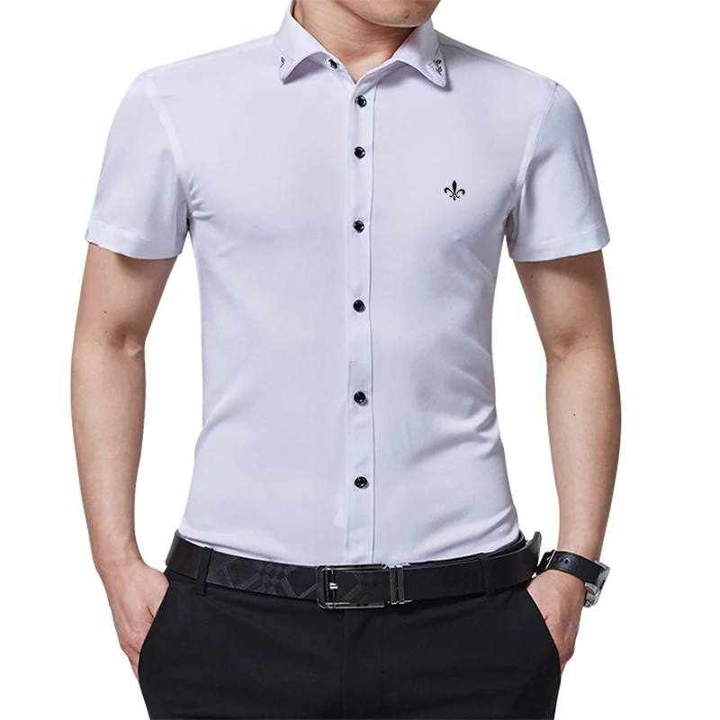 Против морщин и нежелезной вышивки мода Blusa Camisa Social Masculina Dudalina короткий рукав Slim Fit рубашка мужская одежда с цветочным рисунком - Цвет: DCZ2701-WHITE