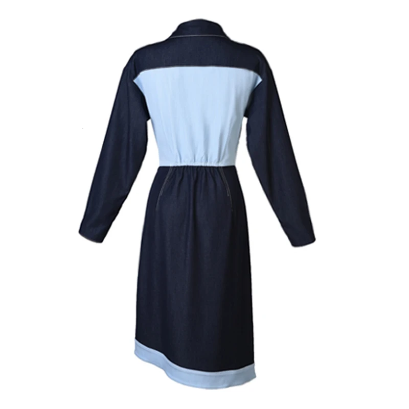 New Spring Summer Lapel Long Sleeve Hit Color Denim Split Joint Loose Irregular Shirt Dress Women Fashion Tide E549