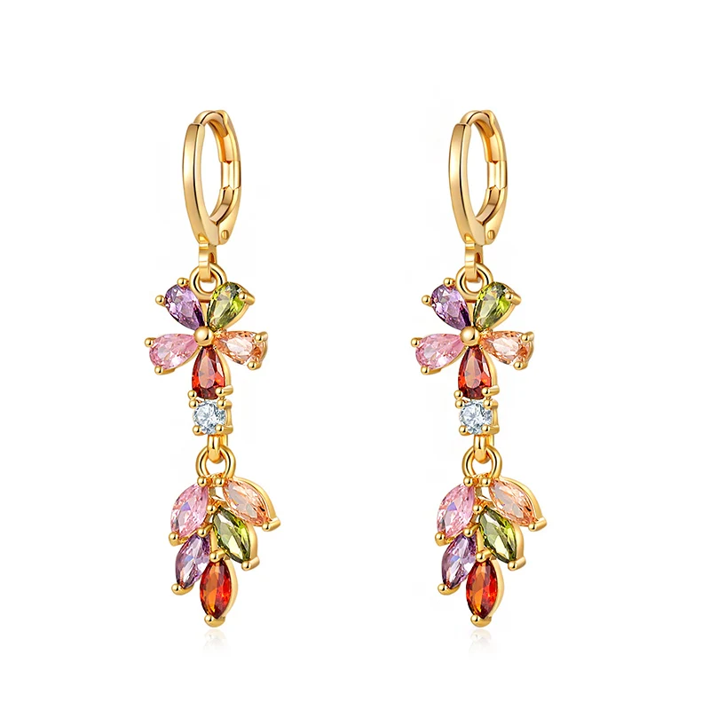 

Colorful Petal Cubic Zircon Long Crystal Pendientes Earrings for Women Fashion Jewelry Copper Material Gold Color Brincos Gift