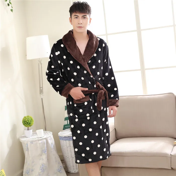 Men Brown Dot Мужской зимний толстый теплый халат из кораллового флиса, женское кимоно, фланелевая ночная рубашка, банный халат, одежда для сна, Мужская одежда для сна, M, L, XL, XXL, 3XL - Цвет: Men Brown Dot