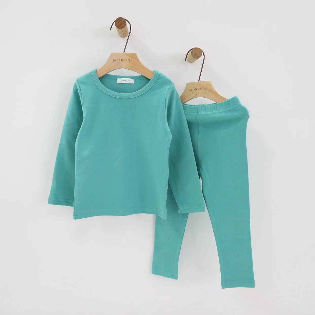 Autumn winter pajama set shirt boys girls simple candy-color casual comfort - Color: Lake Green