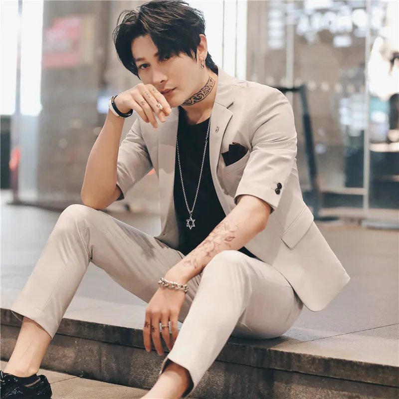 

2019 Suit Men Wedding Suits For Men Short Sleeve 2 Pcs Set Summer Korea Slim Fit Dress Tuxedo Black Suit Costume Homme Terno