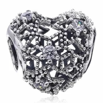 

New 925 Sterling Silver Bead Charm Openwork Blooming Love Heart With Crystal Beads Fit Pandora Bracelet Bangle Diy Jewelry