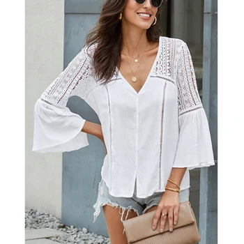 

Sexy V-Neck Hollow Out Patchwork Blouse Women Casual Long Sleeve Plus Size Tops Blouses Ladies Loose Tops Female W0017