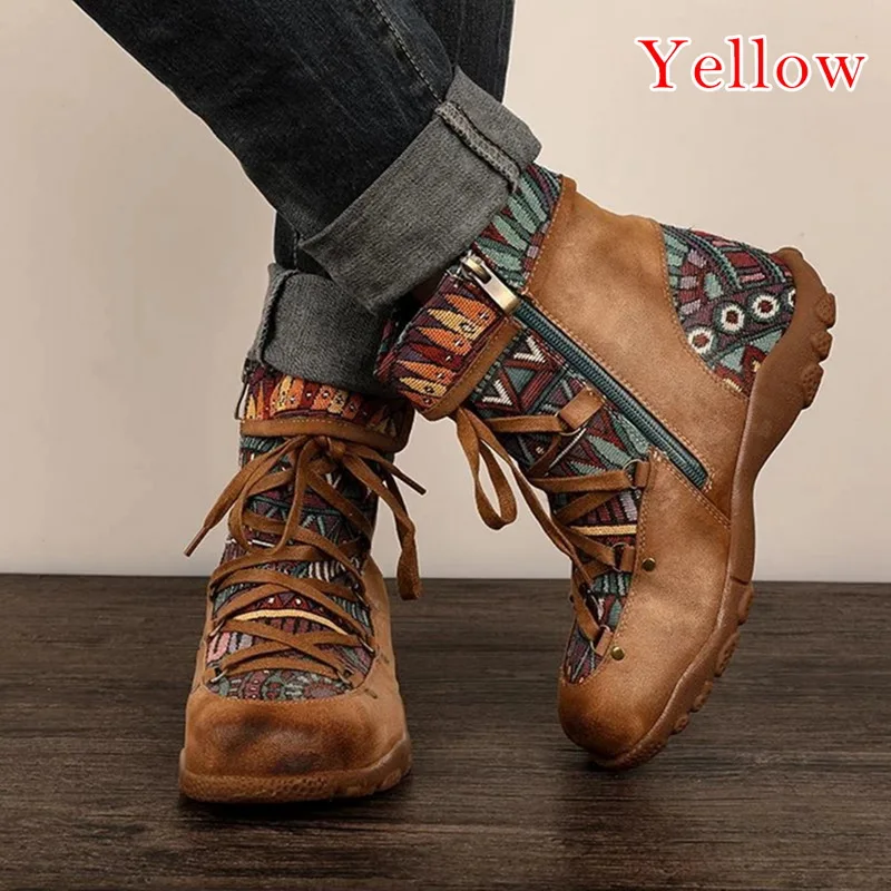 В стиле ретро; сапоги в стиле бохо женская обувь с вышивкой; зимние сапоги зима-осень дамские ботильоны на молнии, на шнуровке, на плоской подошве; женская спортивная пинетки - Цвет: yellow