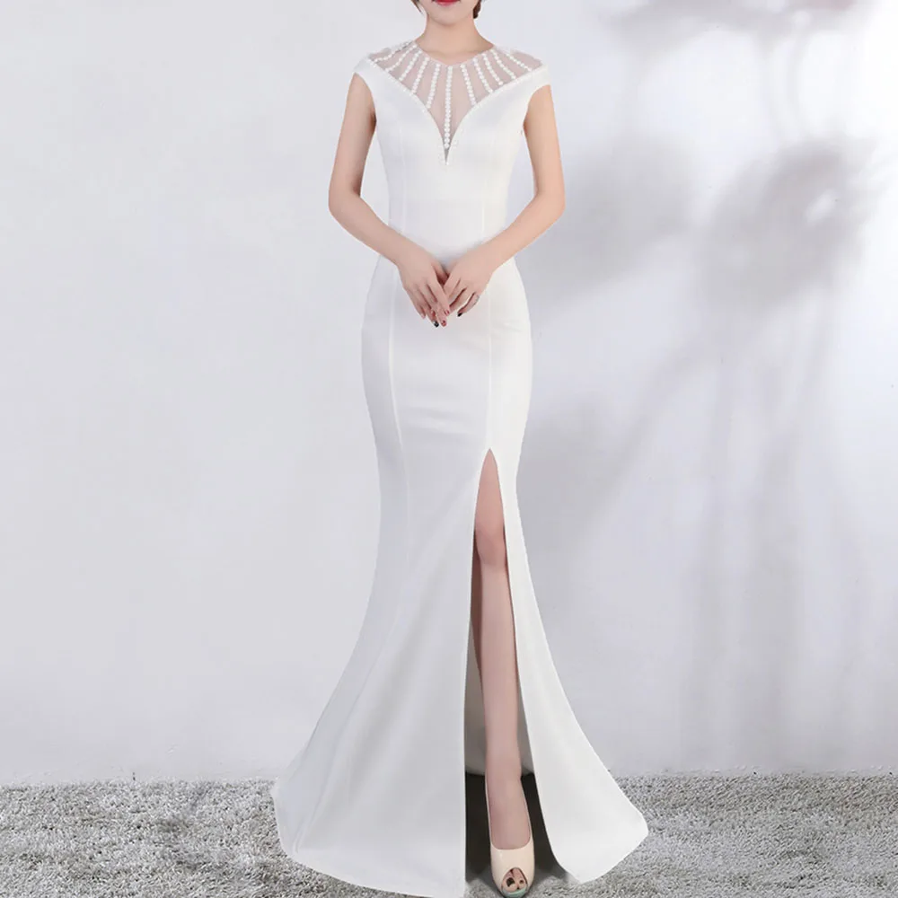 

White Elegant Evening Dress V Neck Sleeveless Mermaid Floor Length Split Front Wedding Party Formal Gowns Evening Dresses