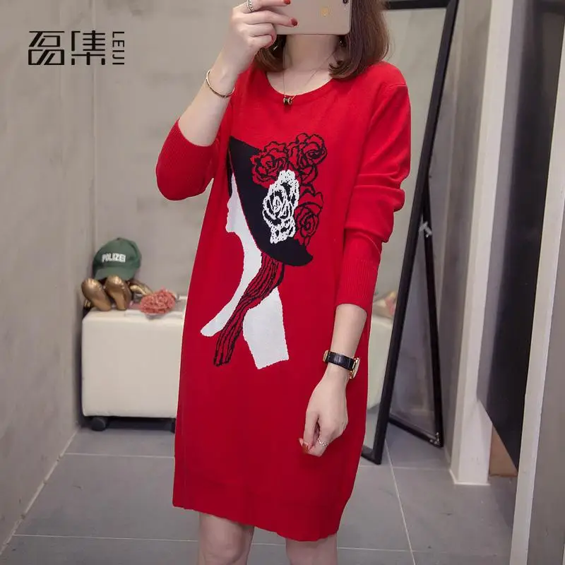 

Autumn Winter Sweater Women Plus Size Long Thicken Pullover Women Portrait Pattern Loose Sweaters O-neck Knitted Tops Femme