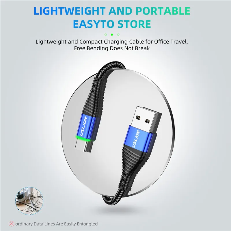 USLION 3A светодиодный кабель usb type C для быстрой зарядки type-C для samsung Galaxy Xiaomi huawei Phone USB C USB-C кабель для зарядного устройства