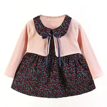 Новая весенняя повседневная одежда для маленьких девочек; От 0 до 4 лет платье с длинными рукавами и цветочным принтом; платье из 2 предметов; милый сарафан для малышей