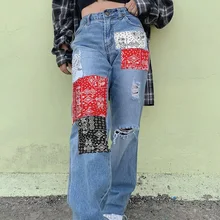 

Fashion Streetwear Bandana Patchwork 2021 New Denim Pants Hole Ripped Jeans Women Fashion High Waist Jeans Straight Trousers