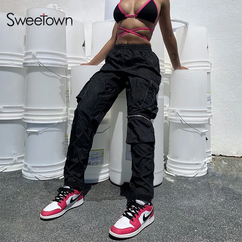 Sweetown, черные брюки в стиле хип-хоп с высокой талией, женские штаны карго, линия следа, полосатые карманы, повседневные штаны для бега, тренировки, уличная одежда