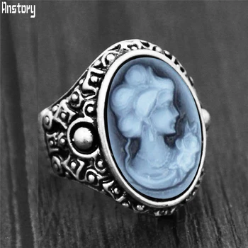 

6 Colors Vintae Cameo Rings For Women Antique Silver Plated Layd Queen Cameo Fashion Ring TR761