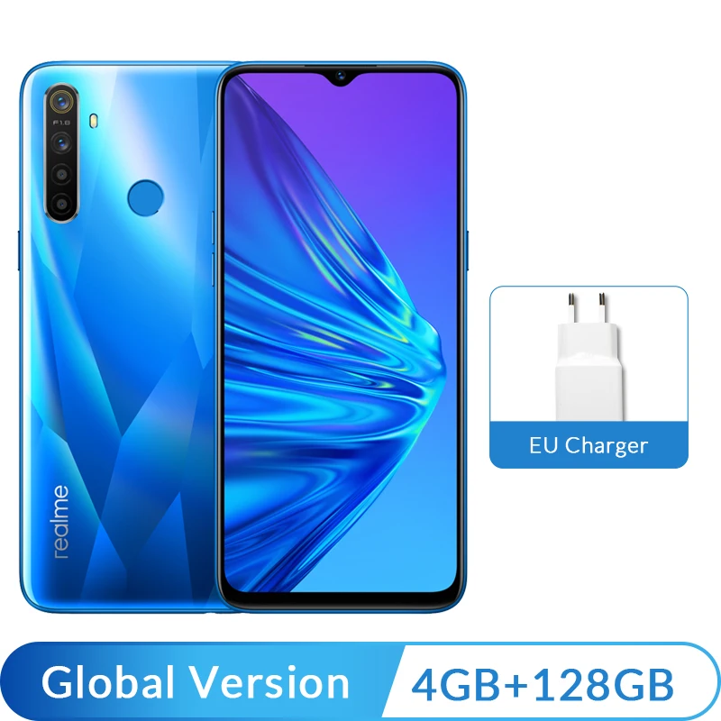 Global Version realme 5 3GB 64GB 6.5'' Moblie Phone Snapdragon 665 Octa Core Quad Camera Cellphone 5000mAh VOOC 10W Fast Charger - Цвет: 4GB 128GB Blue