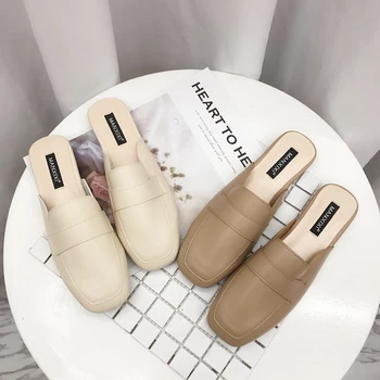 

2020 Summer Brand Women Mules Fashion Leather Slides Square Toe Slip On Flat Slippers Woman Outside Casual Shoes White Slipper