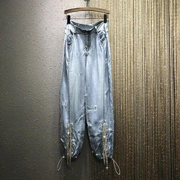 

Denim Jeans for Women European Style Crystal Tassel Beaded Spring and Summer New Thin Denim Loose Lantern Pants Jean Pants Jeans