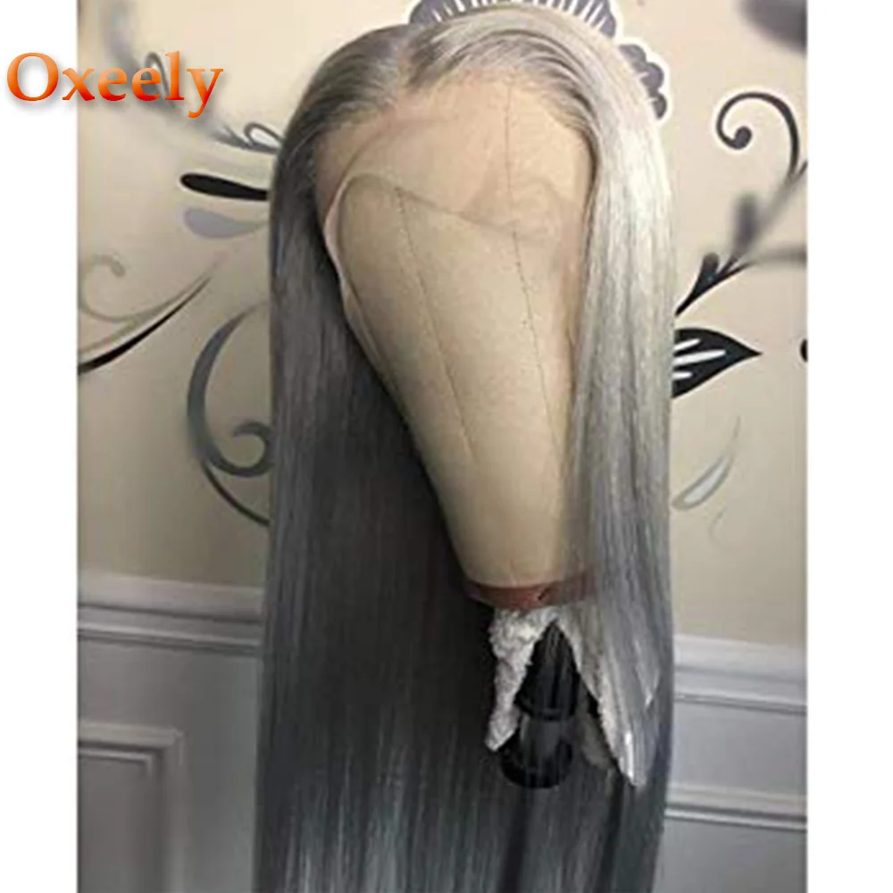 grey straight Oxeely#613 длинные прямые волосы кружевные передние парики свободная часть с детскими волосами бесклеевые синтетические кружевные передние парики для черных женщин - Цвет: grey straight