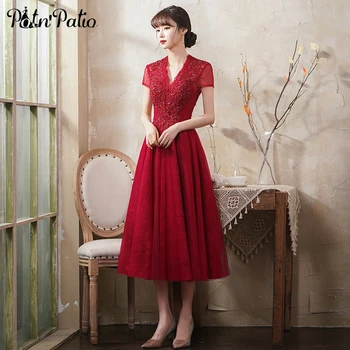 

Elegant V-neck Backless Prom Dresses 2020 Beading Appliques Lace Tulle Tea-length Medium Long Women Evening Party Dresses
