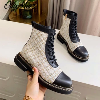 

Mixed Color Women Ankle Boots Patchwork Lace Up Autumn Winter Boots Runway RivetsMartin Boots Casual Combat Women Ankle Boots 41