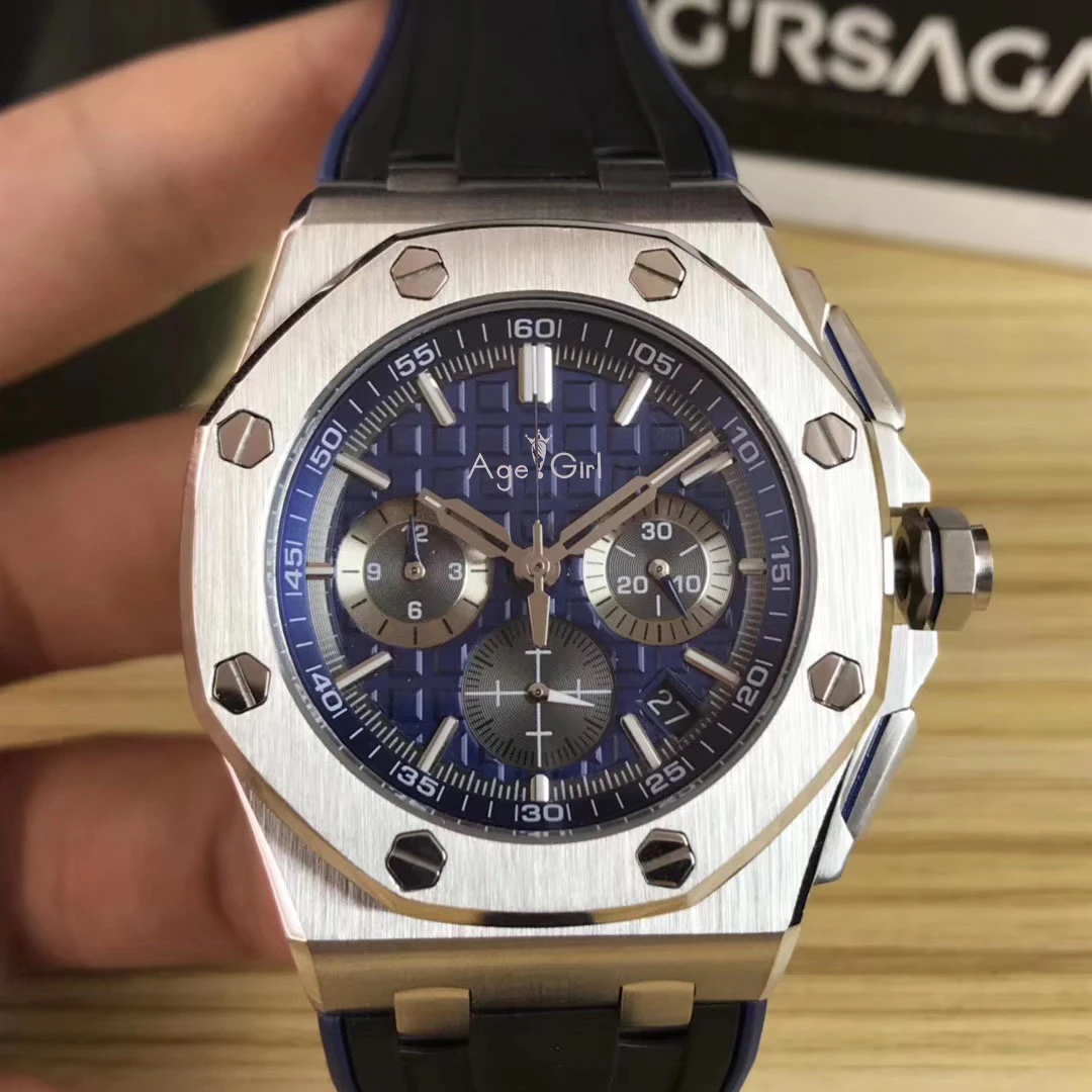 Silver Blue Роскошные брендовые новые мужские серебристые синие хронограф Сапфир из нержавеющей стали дубы секундомер светящийся черный резиновый королевские часы розовое золото - Цвет: Silver Blue