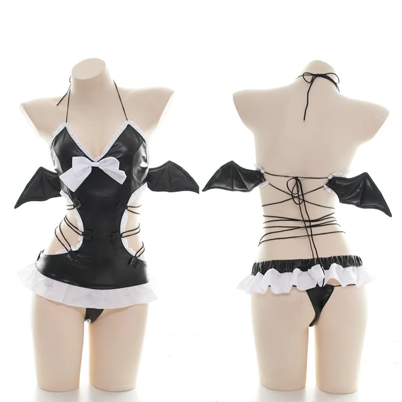 Искусственная кожа черный сексуальный костюм для косплея дьявол нижнее белье с крылом японская Лолита Харадзюку девушка женщина костюм