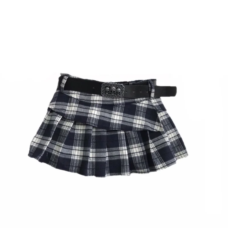Harajuku Y2k Low Waist Mini Plaid Skirt Women Dark Gothic Black White Punk Skull Waistband Hot Skirts With Pant Plus size | Женская