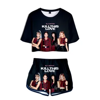 

KPOP Blackpink Kill This Love Two Piece Set Women Fashion Summer Women Clothes Mini Sexy T Shirt Two Piece Set Crop Top + Shorts