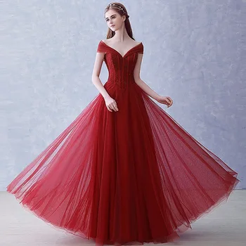 

A-Line Women Party Gowns R203 Burgundy Off The Shoulder Formal Evening Dresses 2020 Sleeveless V-Neck Elegant Robe De Soiree