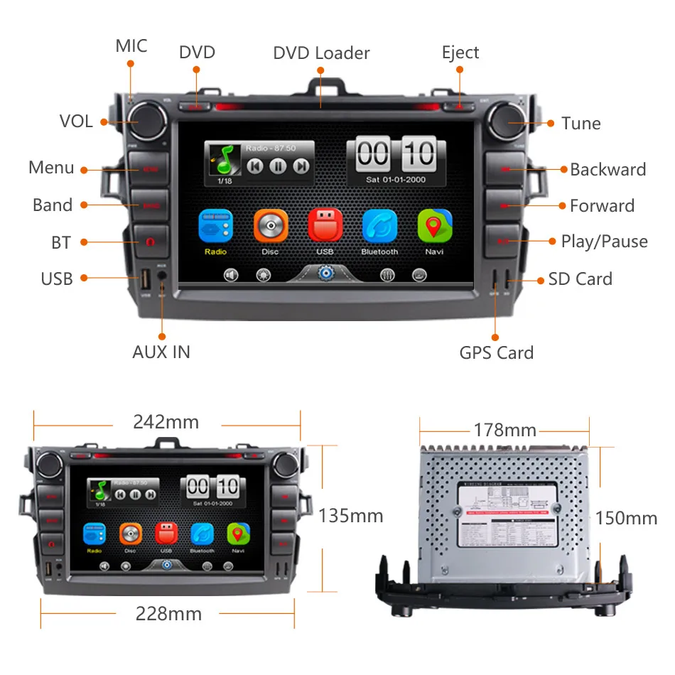 Cheap 2Din Car In Dash DVD Player GPS Navigator Radio Bluetooth Head Unit Stereos with Reverse Camera for Toyota COROLLA 07-11 12