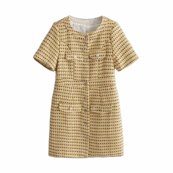 

Women sweet Houndstooth Tweed Dress Pocket button design Short Sleeve Elegant Plaid A Line Mini Dress Autumn Vestido
