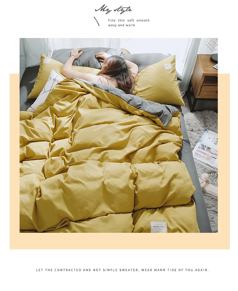European Bedding Set White Grey Warm Comfort Quilt Brushed Fabric Simplicity Solid Color 4pcs King Queen Size  Autumn & Winter
