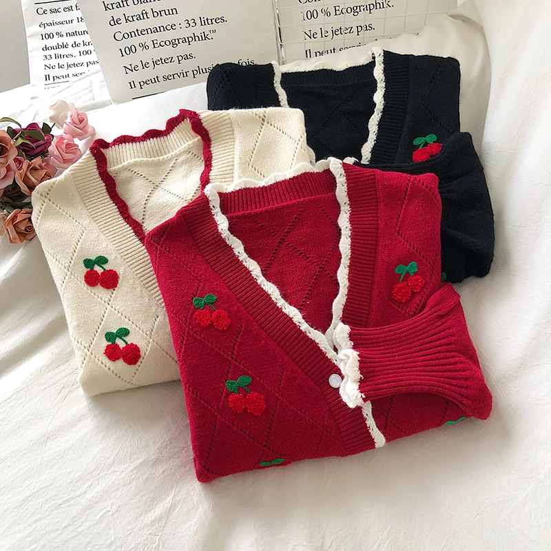 Tanio OCEANLOVE haftowane swetry rozpinane odzież dziana słodkie bufiaste rękawy sklep
