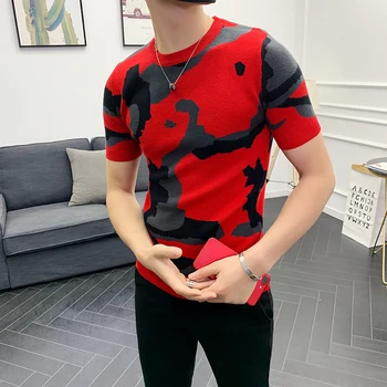 

Summer 2020 Hot Sale Red Camo Sweater Men's High Quality Short Sleeve Pullover Hombre Slim Fit Fashion Men's Chompa Hombre