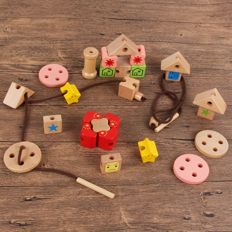 Wooden children's puzzle shape cognitive hand-eye coordination DIY sewing beaded toy rope stringing building block gift