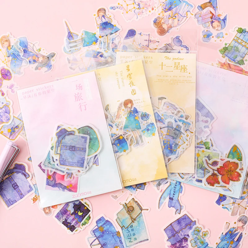 

40pcs/pack Pretty Starry Sky Painted Paper Lable Stickers Scrapbooking Adhesive DIY Diary&Album Stickers