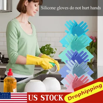 

Magic Silicone Dishwashing Gloves Scrubber Dishwashing Kitchen Washing Sponge Rubber Scrub Gloves Kitchen Cleaning 1 Pair