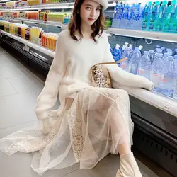 2019 Новый стильный весенний комплект в Корейском стиле, приталенный свитер с v-образным вырезом, топы + платье, Женский комплект из двух
