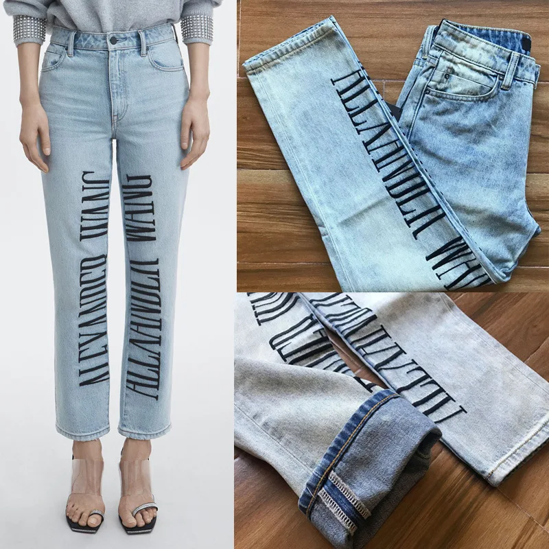 

2020 Spring Summer Women's High Waisted Letter Embroidered Straight Jeans A2