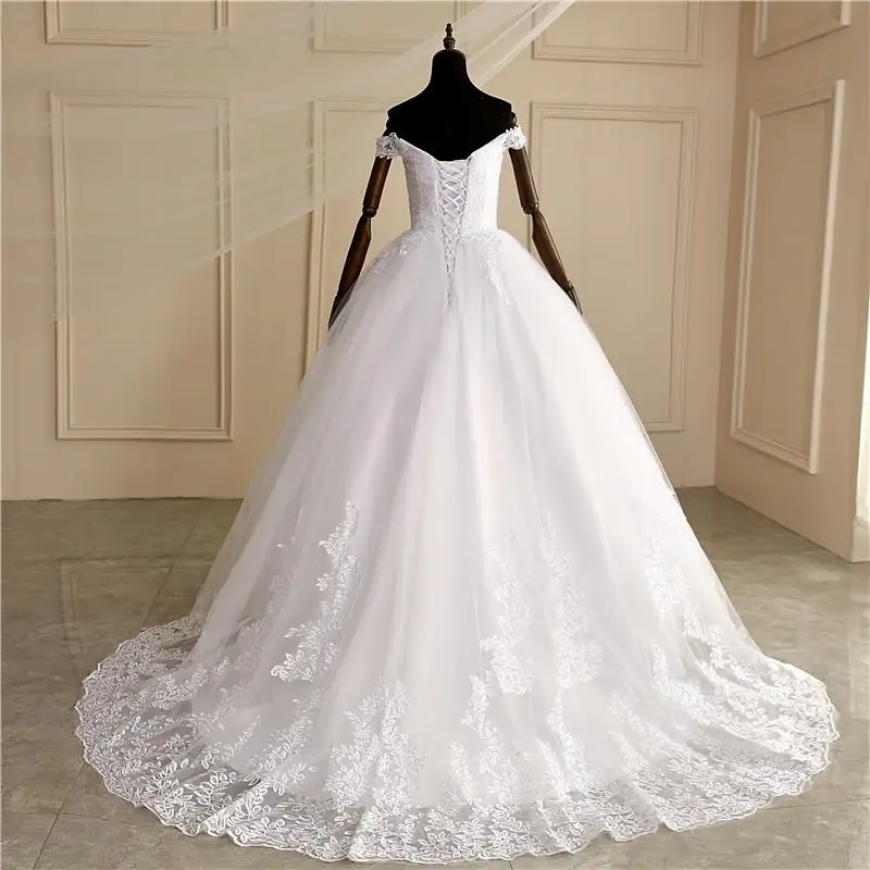 Кружевное Свадебное платье с вышивкой Elengt, с вырезом лодочкой, с коротким шлейфом, с открытыми плечами, роскошная свадебная одежда принцессы - Цвет: pure white train