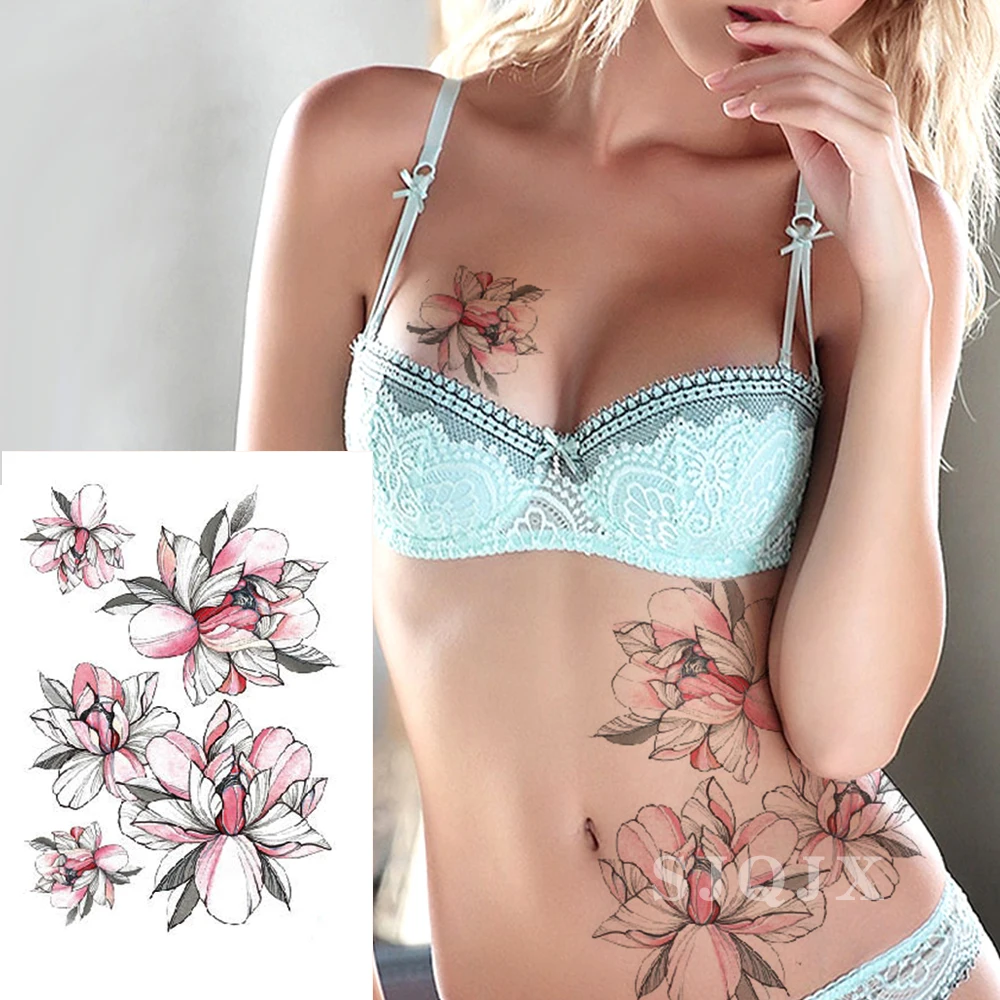 Черный цветок розы поддельные татуировки наклейки для женщин акварельные временные Лотос девушки сексуальные боди-арт Татуировка на руку Переводные татуировки на талию - Color: 16