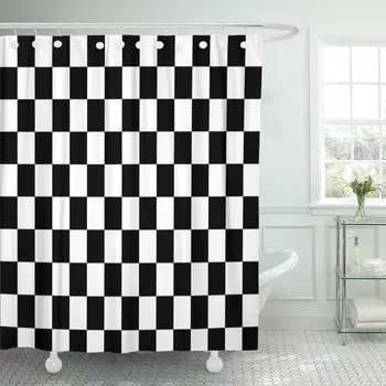 

Black Pattern Abstract White Checked Checkered Chequered Shower Curtain Waterproof Polyester Fabric 72 x 72 Inches Set with Hook