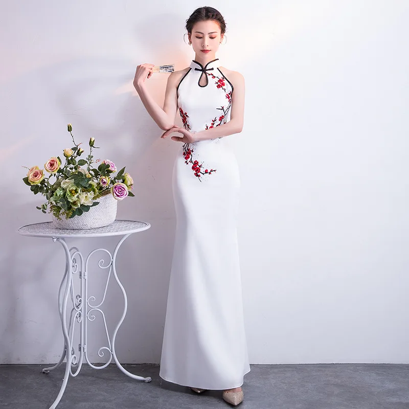 Белый женский Холтер Русалка без рукавов вечерние платья Cheongsam Длинные Свадебные Элегантные Выпускные Макси Qipao бальное платье ретро Vestido S-3XL